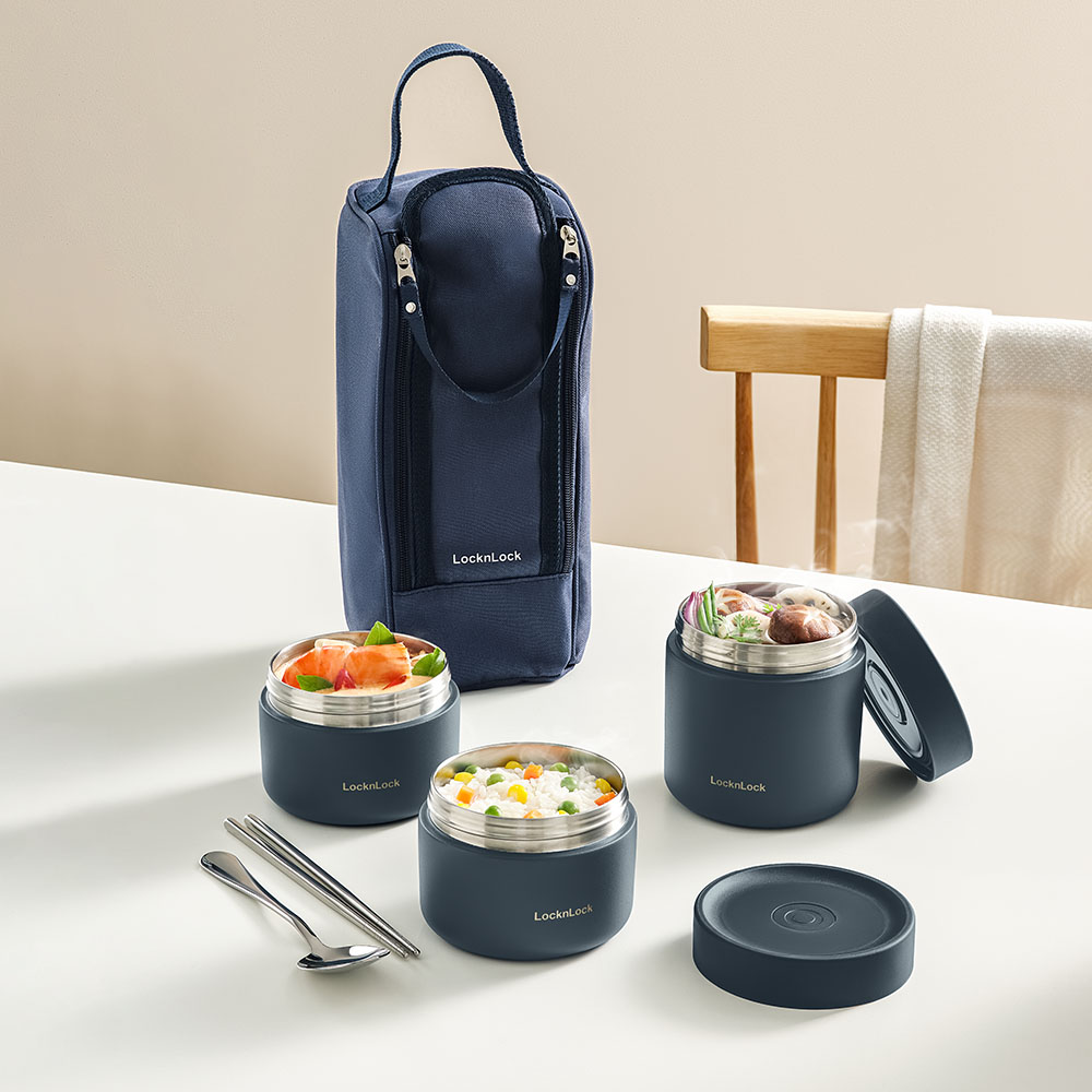 Bộ Hộp Cơm Giữ Nhiệt Locknlock Pump Vacuum Lunch Box (300Mlx2, 500Mlx1, Bộ Đũa Và Thìa, Túi) - Màu Xanh Navy - LHC8052S01